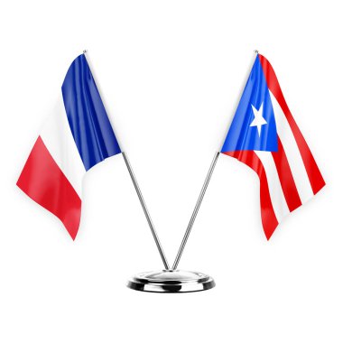 Two table flags isolated on white background 3d illustration, france and puerto rico