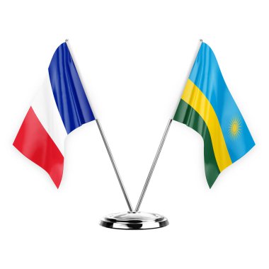 Two table flags isolated on white background 3d illustration, france and rwanda