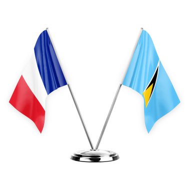 Two table flags isolated on white background 3d illustration, france and saint lucia