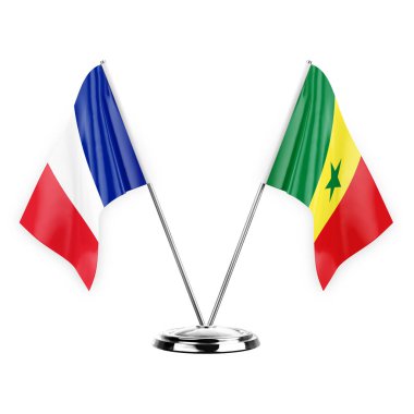 Two table flags isolated on white background 3d illustration, france and senegal
