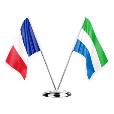 Two table flags isolated on white background 3d illustration, france and sierra leone