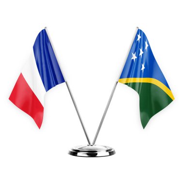 Two table flags isolated on white background 3d illustration, france and solomon islands
