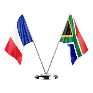 Two table flags isolated on white background 3d illustration, france and south africa
