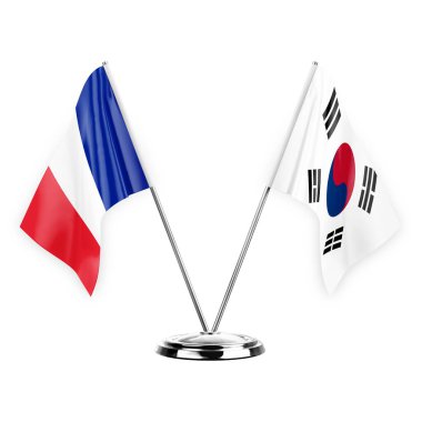 Two table flags isolated on white background 3d illustration, france and south korea