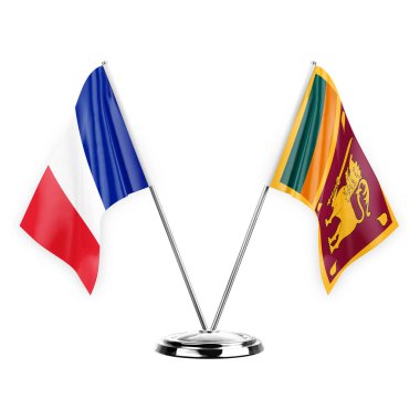 Two table flags isolated on white background 3d illustration, france and sri lanka