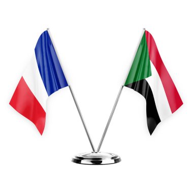 Two table flags isolated on white background 3d illustration, france and sudan