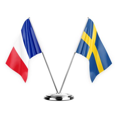 Two table flags isolated on white background 3d illustration, france and sweden