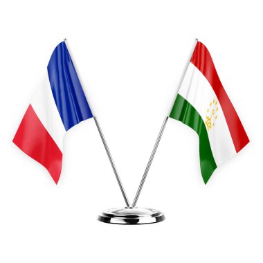 Two table flags isolated on white background 3d illustration, france and tajikistan