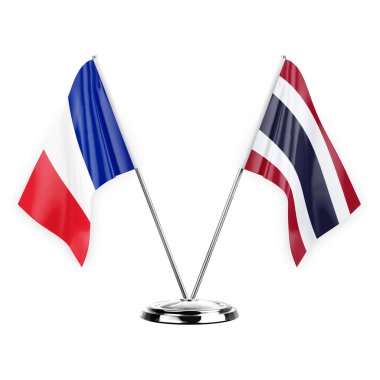 Two table flags isolated on white background 3d illustration, france and thailand
