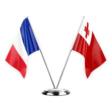 Two table flags isolated on white background 3d illustration, france and tonga