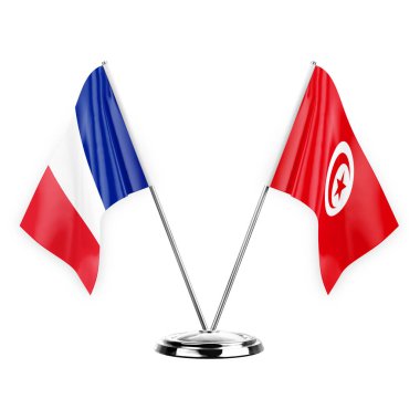 Two table flags isolated on white background 3d illustration, france and tunisia