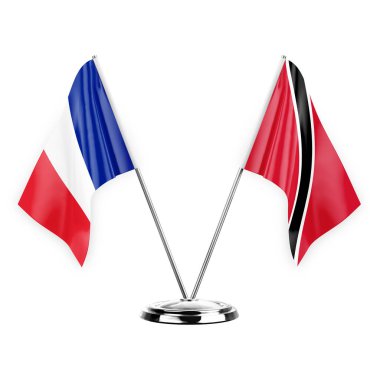 Two table flags isolated on white background 3d illustration, france and tobago