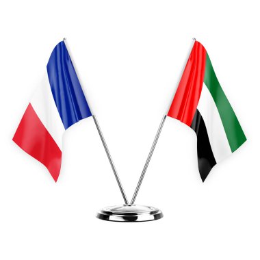 Two table flags isolated on white background 3d illustration, france and united arab emirates