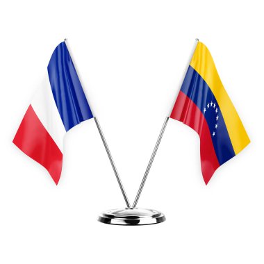 Two table flags isolated on white background 3d illustration, france and venezuela