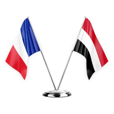 Two table flags isolated on white background 3d illustration, france and yemen