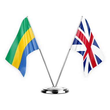 Two table flags isolated on white background 3d illustration, gabon and britain