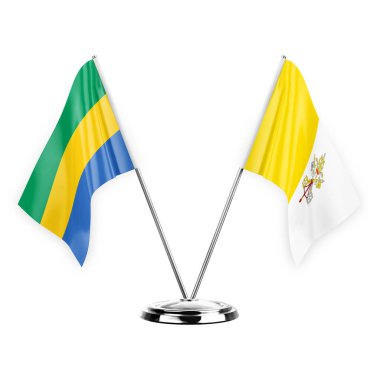 Two table flags isolated on white background 3d illustration, gabon and holy see