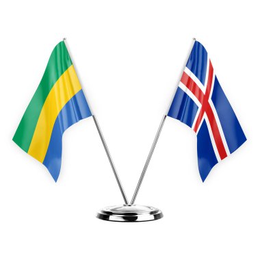 Two table flags isolated on white background 3d illustration, gabon and iceland