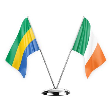Two table flags isolated on white background 3d illustration, gabon and ireland