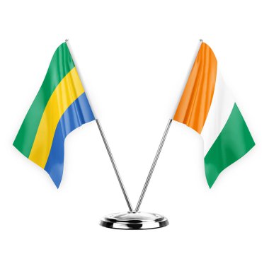 Two table flags isolated on white background 3d illustration, gabon and ivory coast