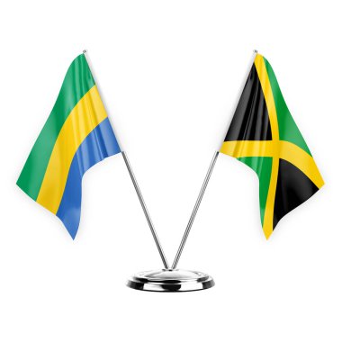 Two table flags isolated on white background 3d illustration, gabon and jamaica