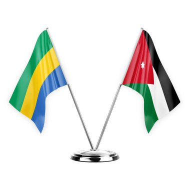 Two table flags isolated on white background 3d illustration, gabon and jordan