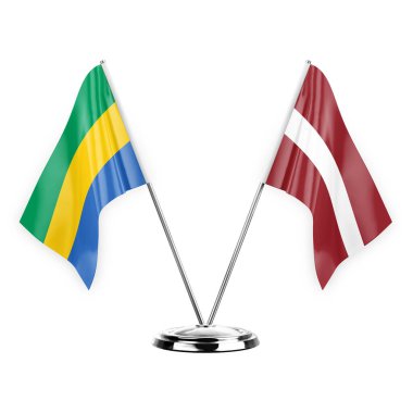 Two table flags isolated on white background 3d illustration, gabon and latvia