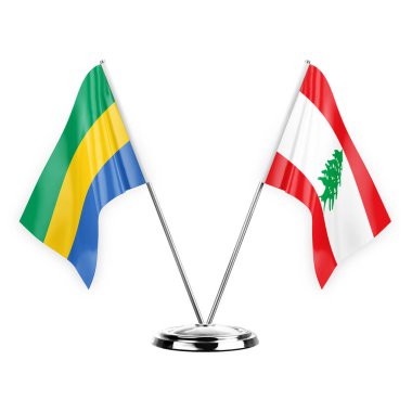 Two table flags isolated on white background 3d illustration, gabon and lebanon
