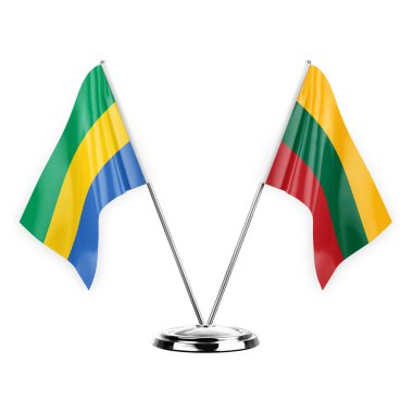 Two table flags isolated on white background 3d illustration, gabon and lithuania