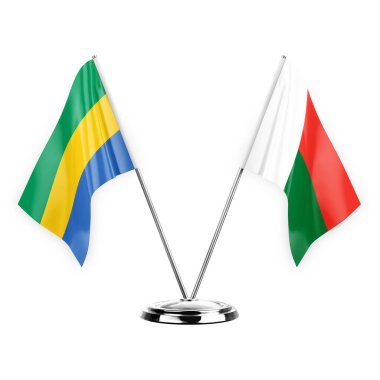 Two table flags isolated on white background 3d illustration, gabon and madagascar