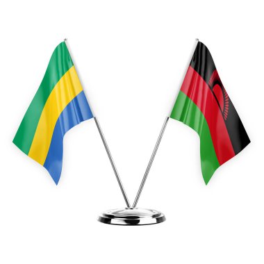 Two table flags isolated on white background 3d illustration, gabon and malawi