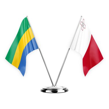Two table flags isolated on white background 3d illustration, gabon and malta