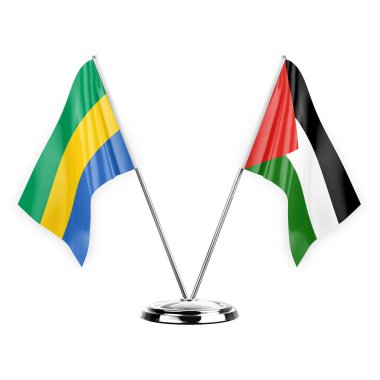 Two table flags isolated on white background 3d illustration, gabon and palestine