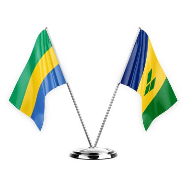 Two table flags isolated on white background 3d illustration, gabon and saint vincent and the grenadines