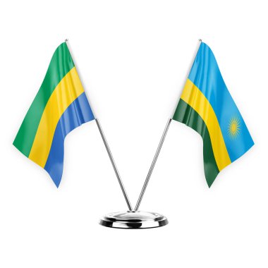 Two table flags isolated on white background 3d illustration, gabon and rwanda