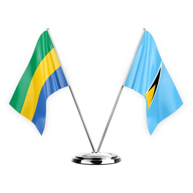 Two table flags isolated on white background 3d illustration, gabon and saint lucia
