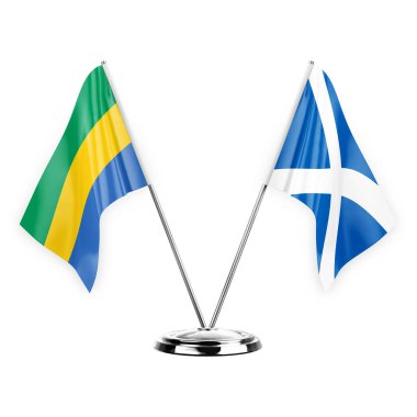 Two table flags isolated on white background 3d illustration, gabon and scotland
