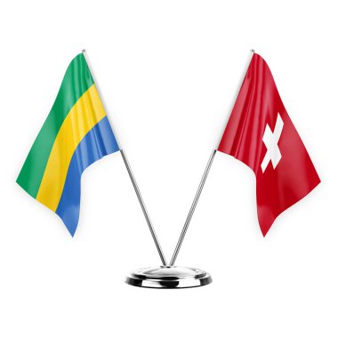 Two table flags isolated on white background 3d illustration, gabon and switzerland