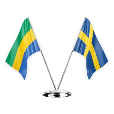 Two table flags isolated on white background 3d illustration, gabon and sweden