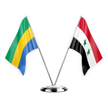 Two table flags isolated on white background 3d illustration, gabon and syria