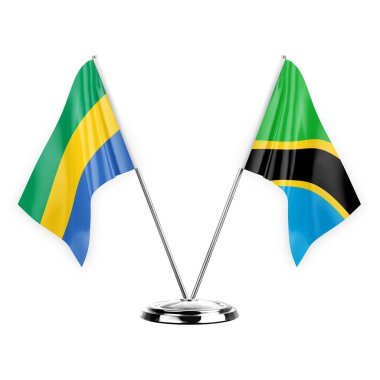 Two table flags isolated on white background 3d illustration, gabon and tanzania