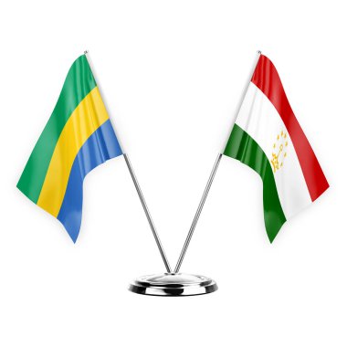 Two table flags isolated on white background 3d illustration, gabon and tajikistan