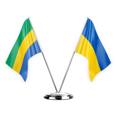 Two table flags isolated on white background 3d illustration, gabon and ukraine