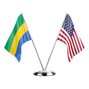 Two table flags isolated on white background 3d illustration, gabon and usa