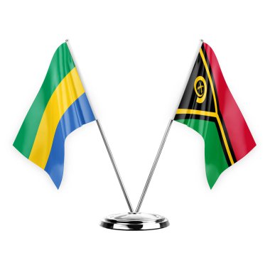 Two table flags isolated on white background 3d illustration, gabon and vanuatu