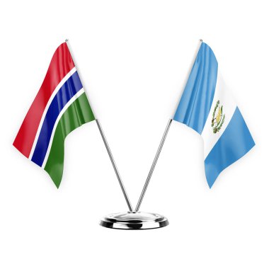 Two table flags isolated on white background 3d illustration, gambia and guatemala