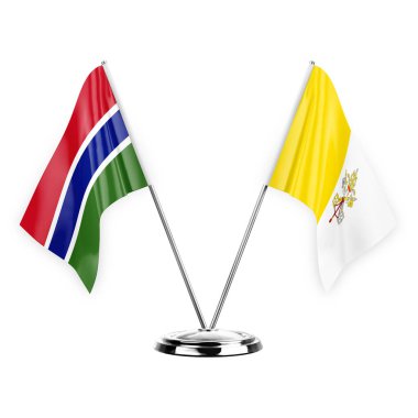 Two table flags isolated on white background 3d illustration, gambia and holy see