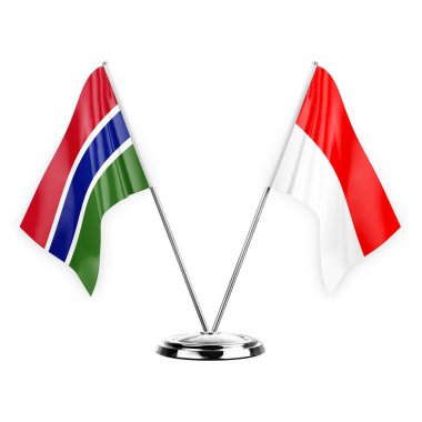 Two table flags isolated on white background 3d illustration, gambia and indonesia