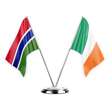 Two table flags isolated on white background 3d illustration, gambia and ireland