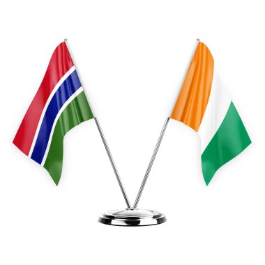 Two table flags isolated on white background 3d illustration, gambia and ivory coast